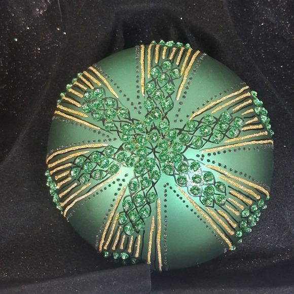 2 Vintage Dept 56 Poland Glass Ornaments Green Gold Glitter Embellished Elegant - Picture 7 of 16